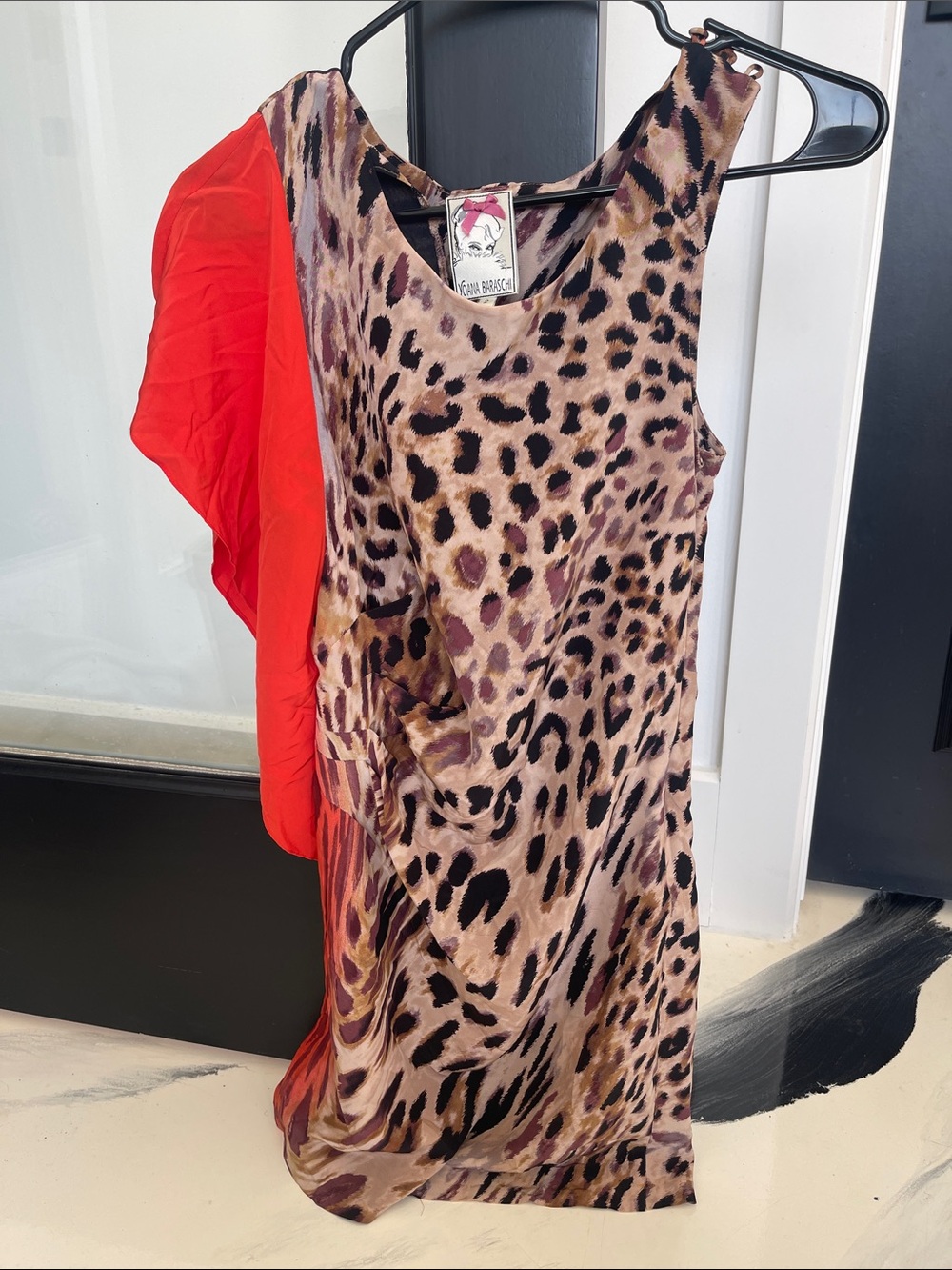 Yoana Baraschi Leopard Print Dress with Orange/Red Drape